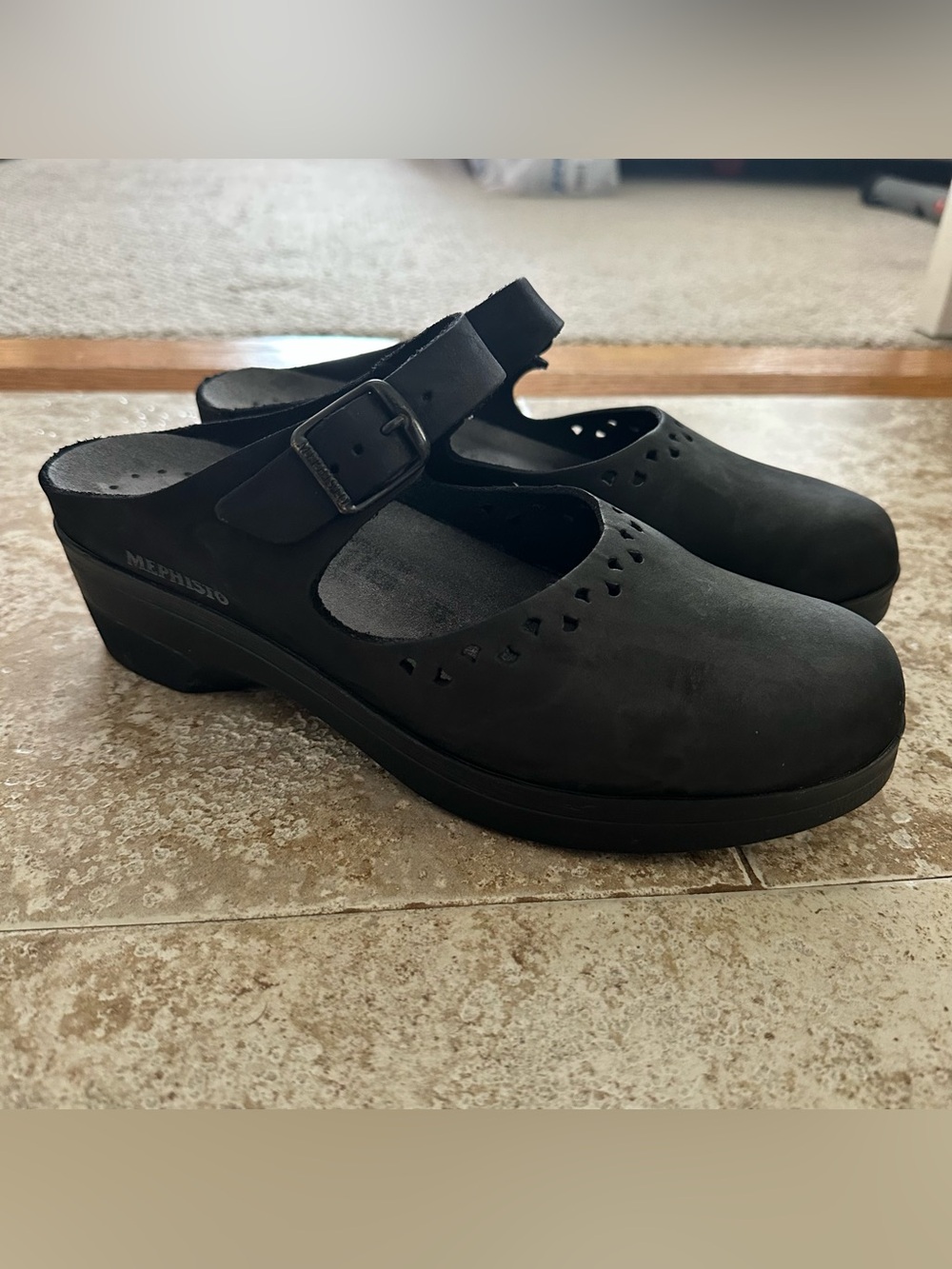 Mephisto mobils Black leather nubuck Women's Clog Mule with Buckle Strap